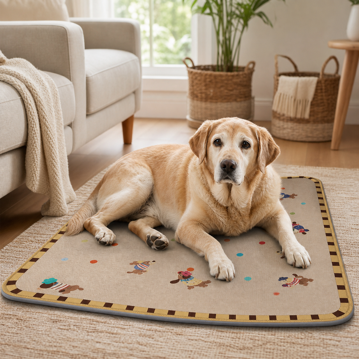 Seniorhund ruht auf einer orthopädischen Hundematte in einem ruhigen Wohnzimmer