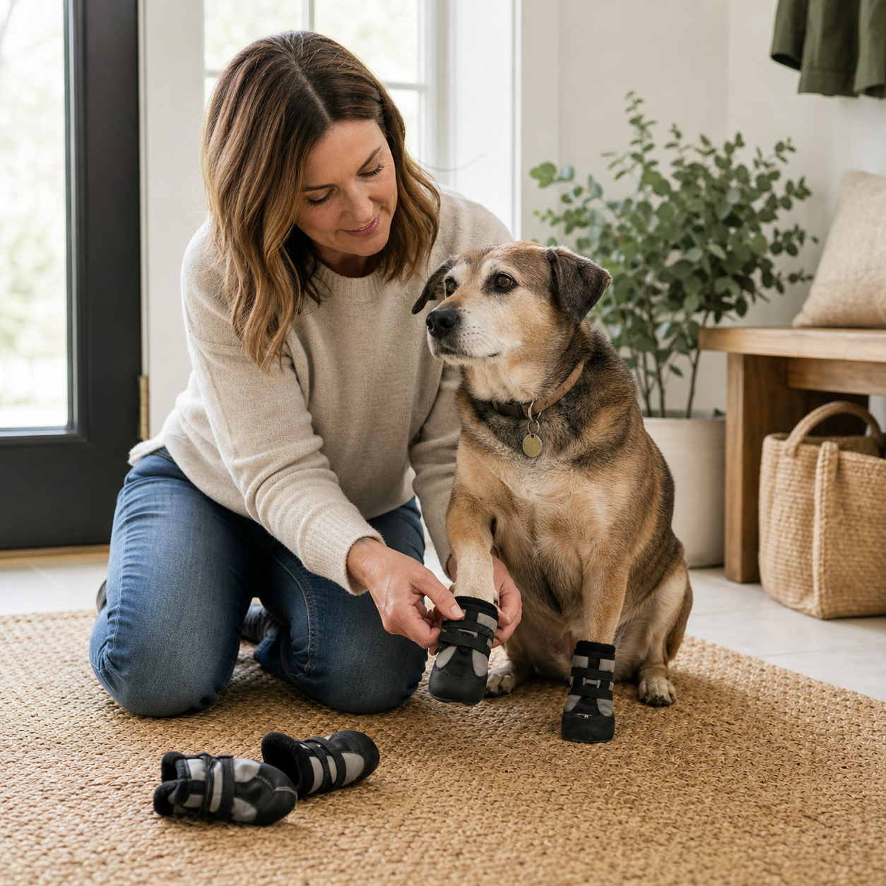 Owner gently adjusting dog boots on a senior dog at home