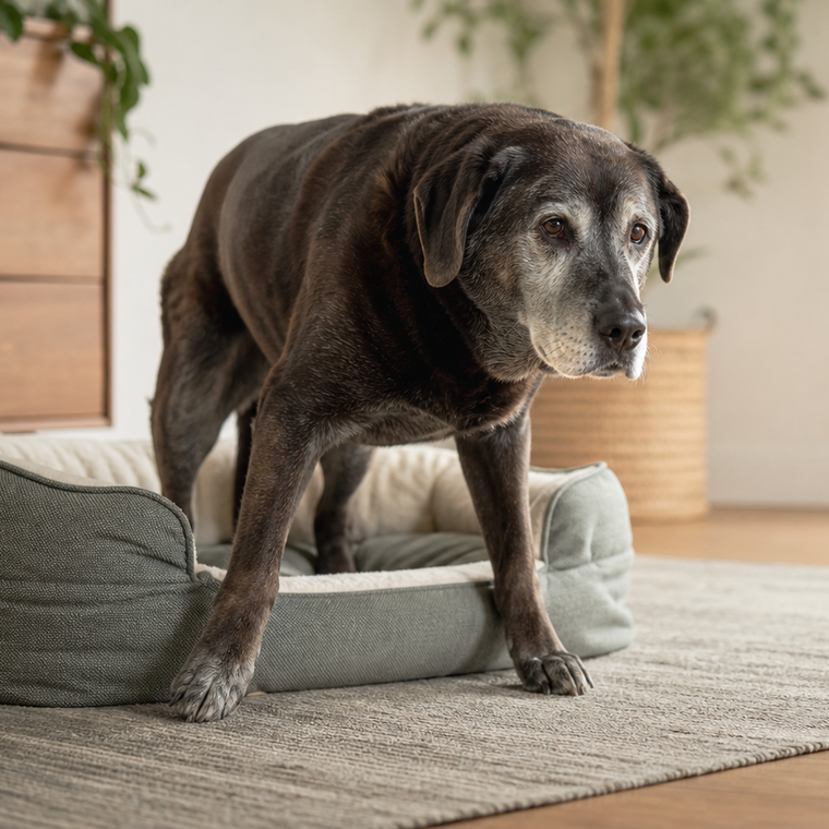 Senior dog slowly getting up from a dog bed on a non-slip rug