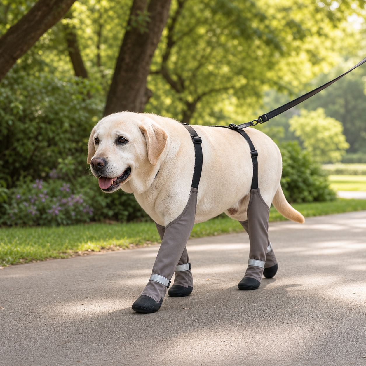 Chien âgé portant des bottines de soutien pendant une promenade extérieure calme