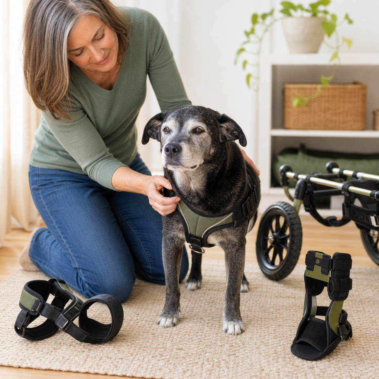 Chien senior avec harnais de mobilité, attelle et options de fauteuil roulant à la maison