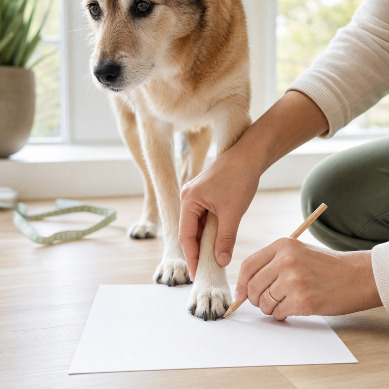 Propriétaire traçant la patte d’un chien âgé sur papier pour mesurer la taille des chaussures
