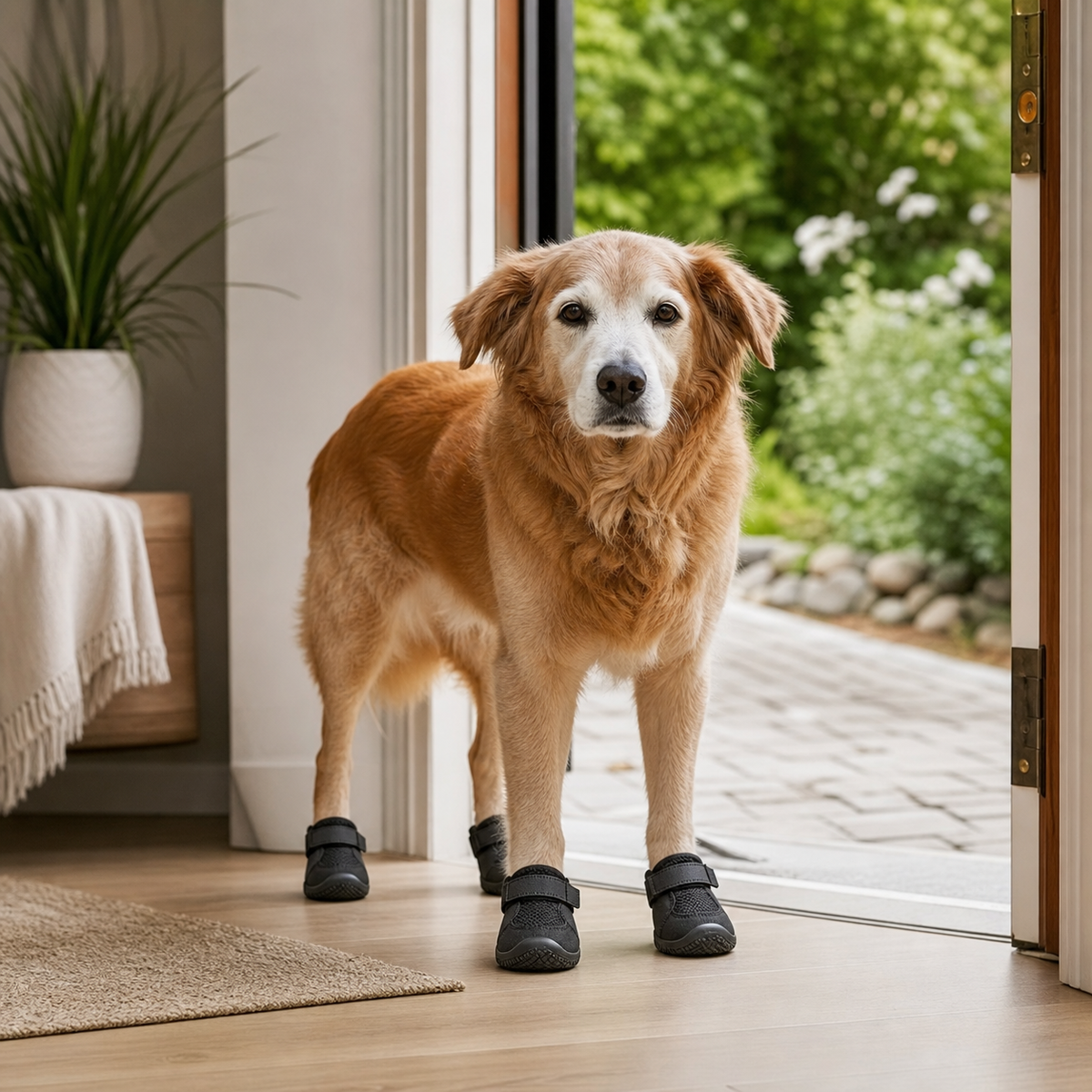 Chien âgé portant des chaussures pour chien à une porte entre le sol intérieur et un chemin extérieur