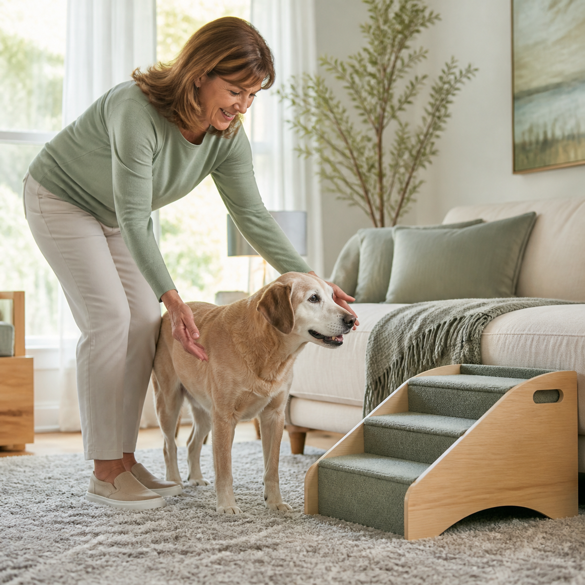 Senior dog guided toward a safer way to access a sofa instead of jumping