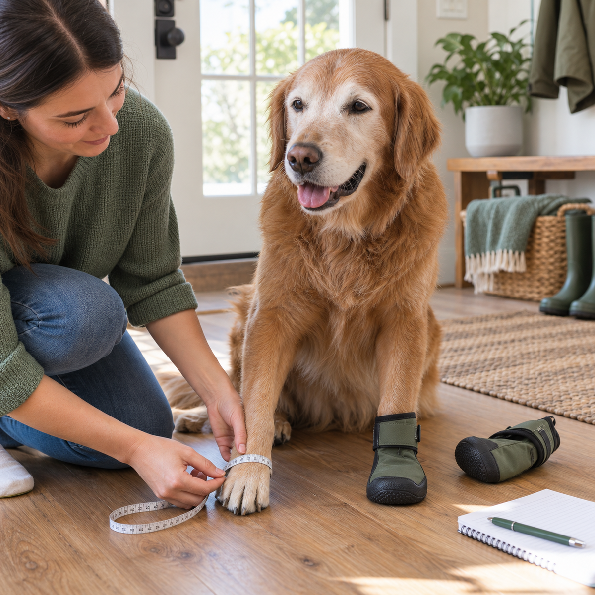 Senior dog having a paw measured while wearing a fitted anti-slip dog shoe at home