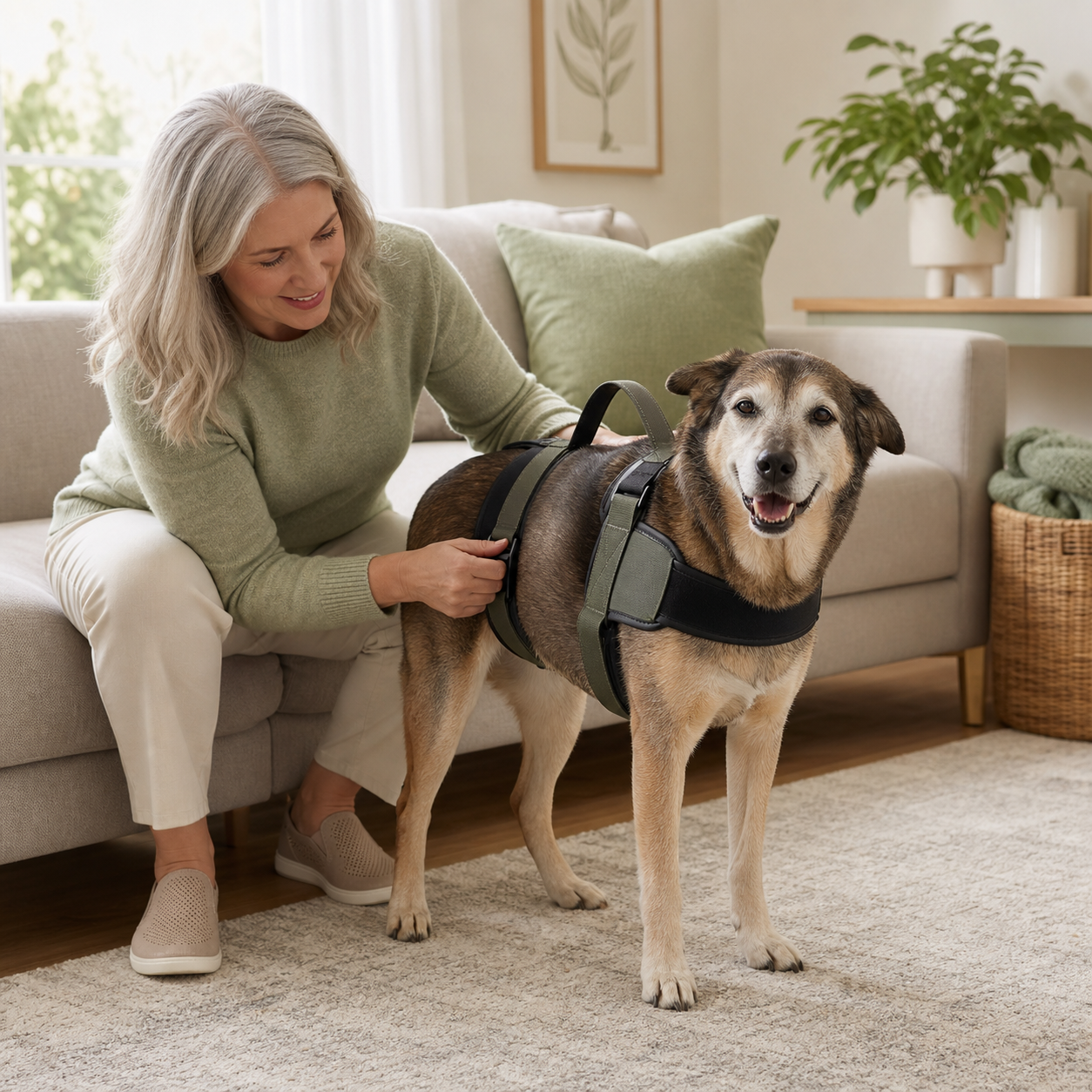 Chien senior portant un harnais de soutien à la mobilité à la maison avec une personne attentive