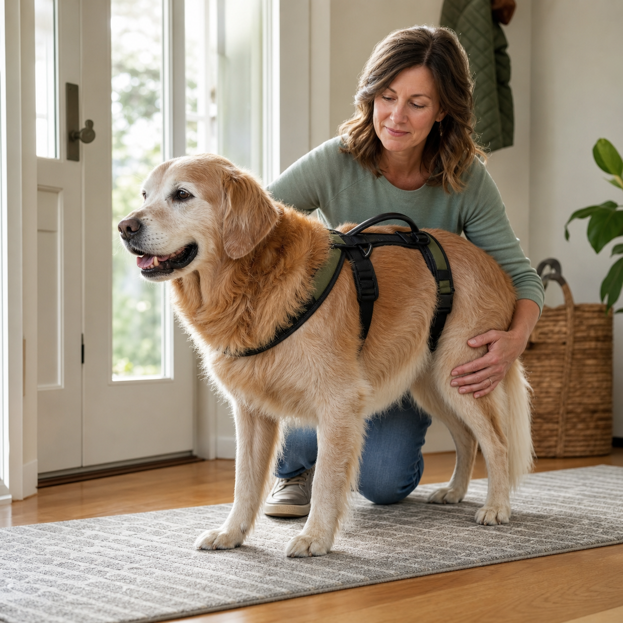 Owner gently supporting a senior dog while observing rear leg stability at home