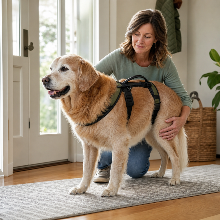 Personne soutenant doucement un chien senior tout en observant la stabilité des pattes arrière à la maison