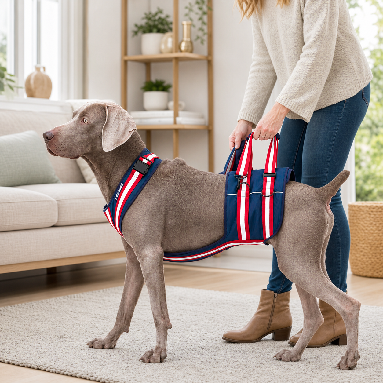 Senior dog using a rear support mobility harness at home