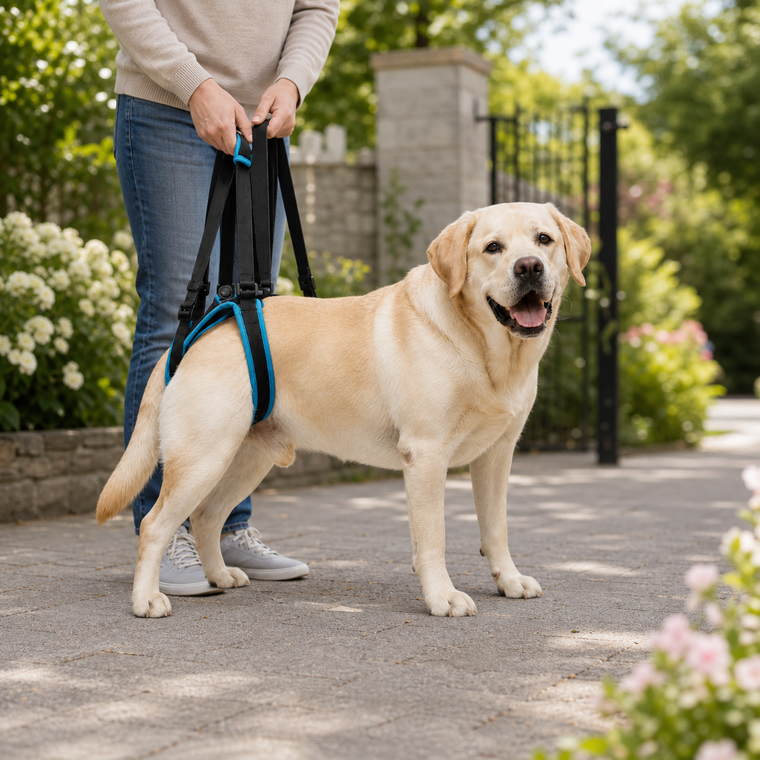 Senior dog using a rear lift harness for short outdoor support
