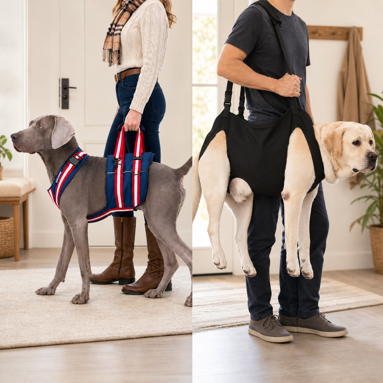 Rear support harness and full-body mobility harness shown in a home setting