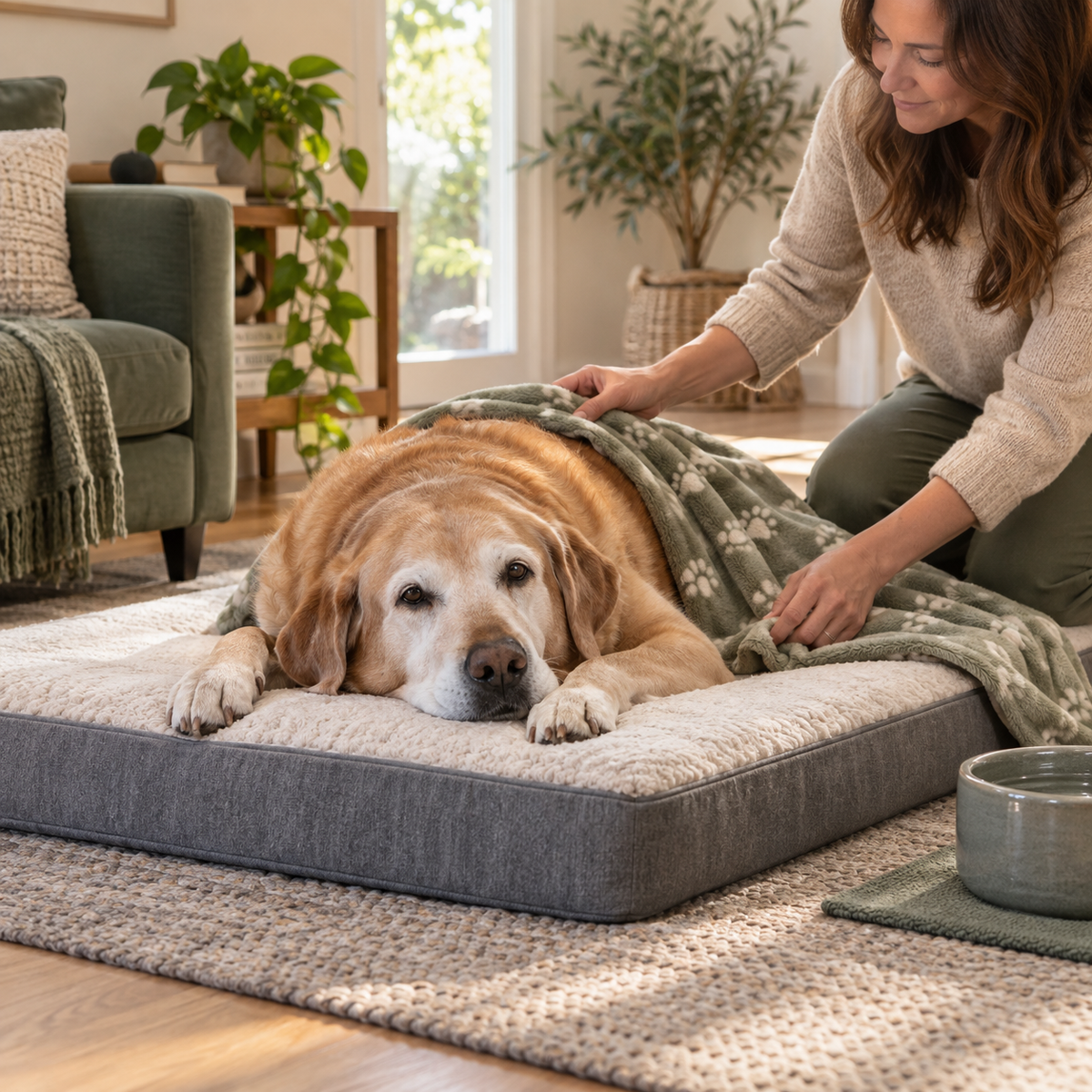 Senior dog resting on a supportive orthopedic mat in a calm home living room