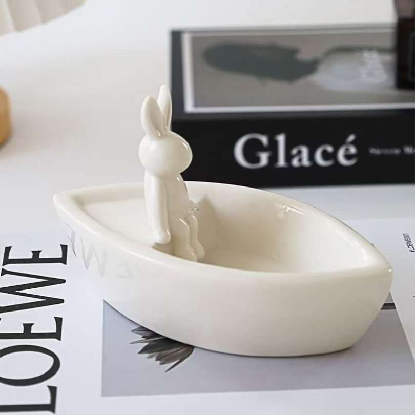 Ceramic Rabbit Boat Candle Holder