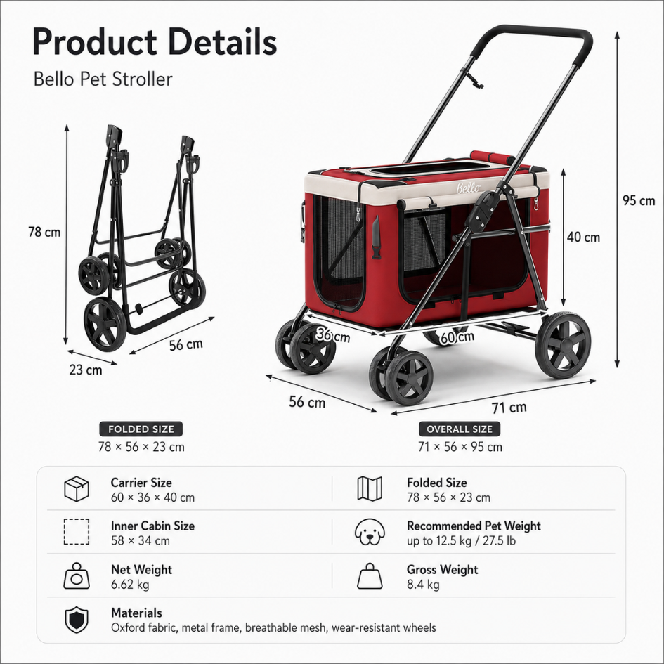 2-in-1 Dog Stroller with Detachable Carrier