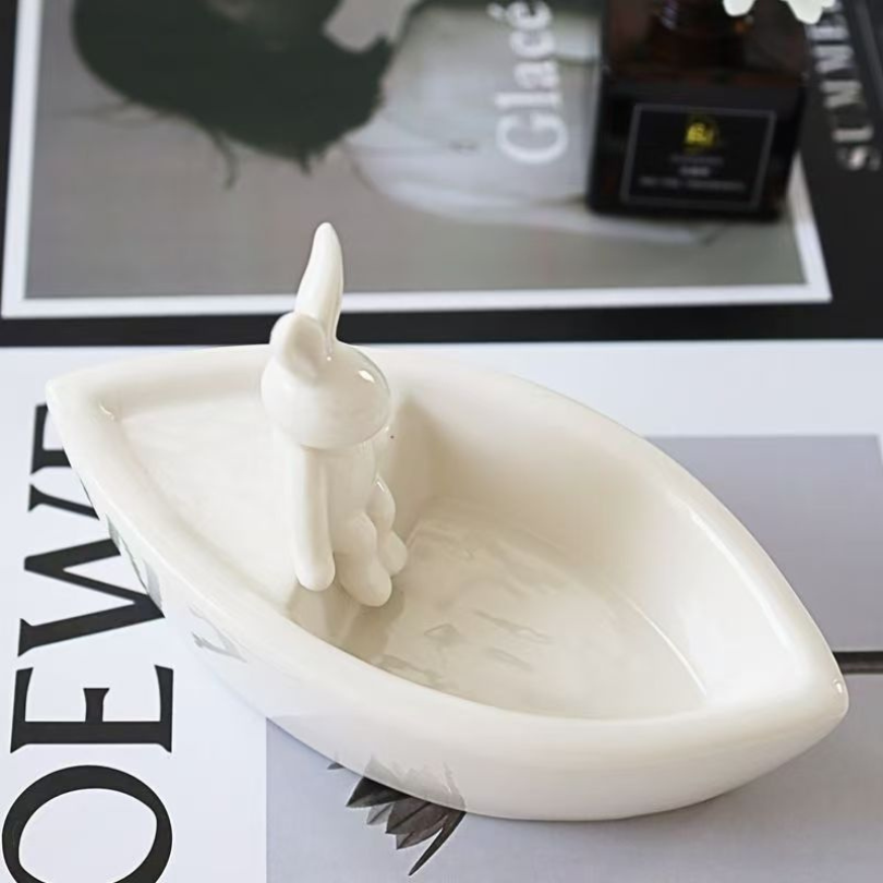 Ceramic Rabbit Boat Candle Holder