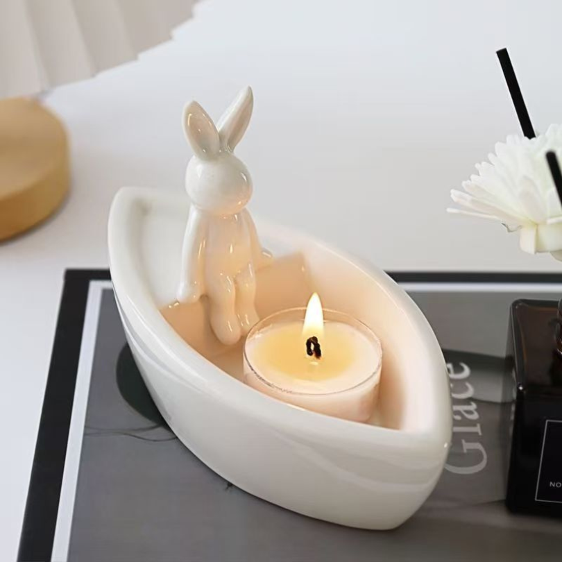 Ceramic Rabbit Boat Candle Holder