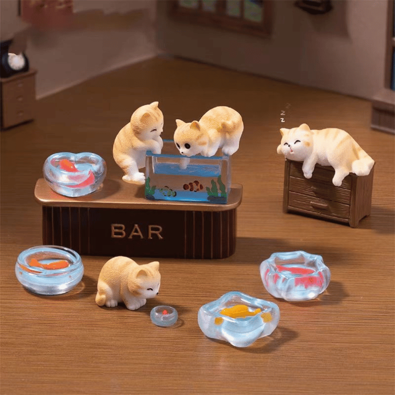 Cute Mini Kitten Figurine Stealing Fish and Playing in Water