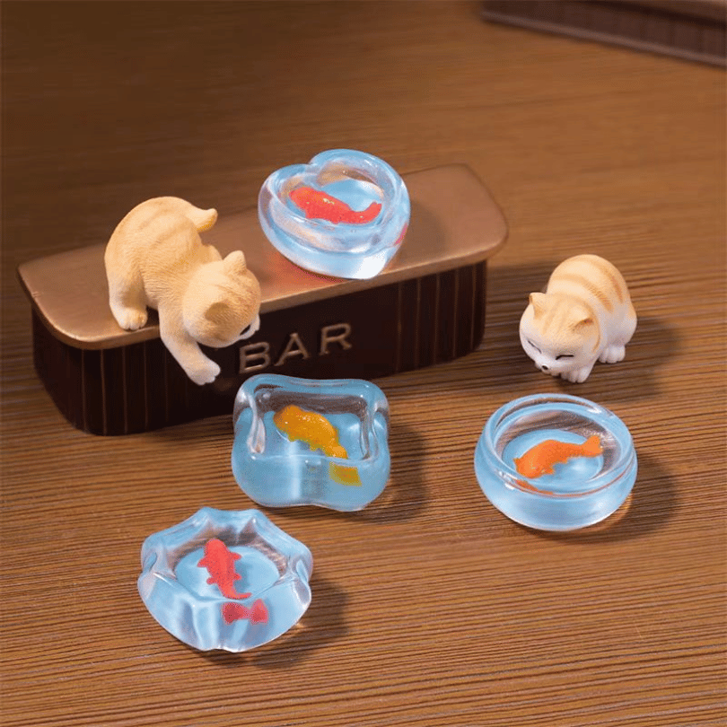 Cute Mini Kitten Figurine Stealing Fish and Playing in Water