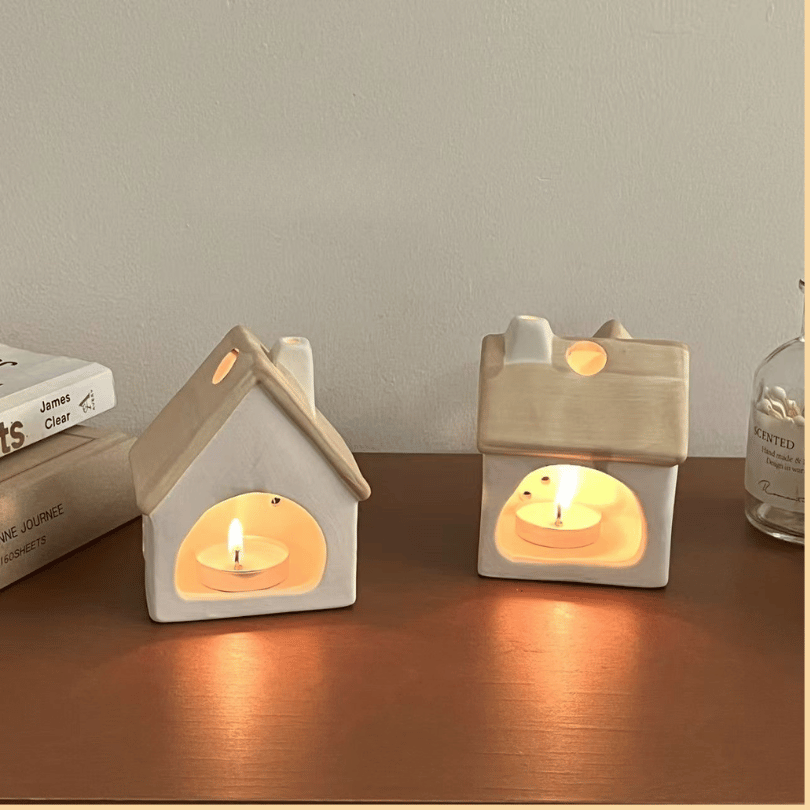 Cute Ceramic House Candle Stand Ornament Matte texture