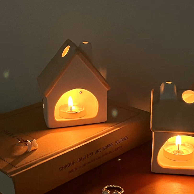 Cute Ceramic House Candle Stand Ornament Matte texture