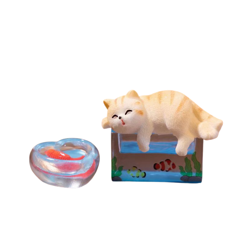 Cute Mini Kitten Figurine Stealing Fish and Playing in Water
