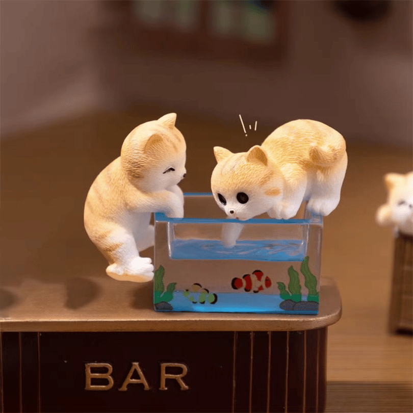 Cute Mini Kitten Figurine Stealing Fish and Playing in Water